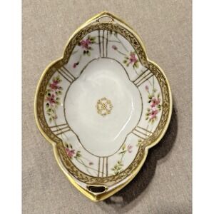 Vintage Hand Painted Nippon Candy Dish, Gold Embossed, 8x6